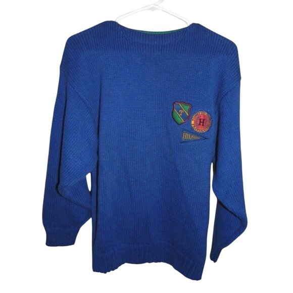 Vintage 1990's Tommy Hilfiger University Crest Fraternity Blue Men's Sweater S/P - Picture 1 of 4